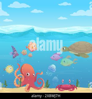 Unterwasserwelt exotische Fische Tintenfische und Unterwasserschildkröten Ozean oder Meereslebewesen Stock Vektor