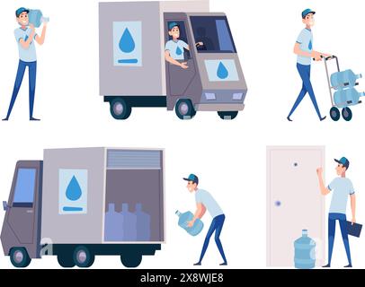 Wasserversorgung. Menschen liefern mit Aqua-Kunststoff große Flaschen und transportieren exakte Vektor-Zeichentrickgrafiken Stock Vektor