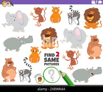 Cartoon-Illustration von zwei gleichen Bildern, Bildungsaktivität mit Tierfiguren Stock Vektor