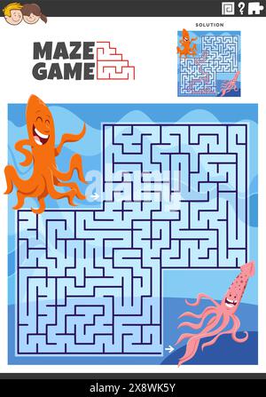 Zeichentrickillustration eines lehrreichen Labyrinth-Puzzle-Spiels mit Tintenfisch- und Meerestierkörpern Stock Vektor