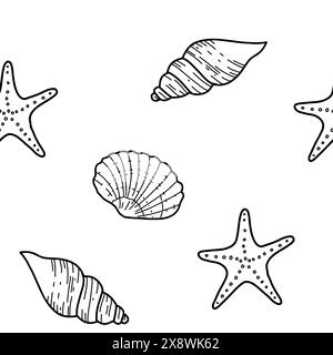 Under the Sea Hand gezeichnetes nahtloses Muster mit Seestern und Muscheln. Vektorillustration, Strichgrafik isoliert auf weißem Hintergrund. Für Gewebe Stock Vektor