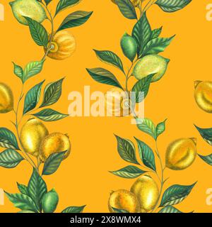 Aquarellmuster mit Zitronenzweigen und Limettenzweigen mit Blättern und grüner Zitrone. Handgemalte gelbe Früchte isoliert auf Senfhintergrund Stockfoto