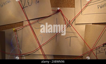 Notizen mit rotem Gewinde. Archivmaterial. Nahaufnahme geheimnisvoller Notizen, die durch roten Faden verbunden sind. Symbole und Puzzles auf mysteriösem Brett mit Threads Stockfoto