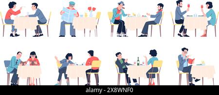 Leute im Restaurant. Mann Frau trinkt und isst, zusammen und allein, wählen Sie Mahlzeiten aus der Speisekarte. Meeting zum Mittag- oder Abendessen, aktuelle Vektorserie Stock Vektor