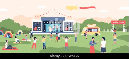 Open-Air-Festival. Die Leute hören Musik und tanzen im Park. Sänger auf der Bühne, Food Truck und Zelte. Wochenendausruhen in der Natur, Unterhaltung vor kurzem Stock Vektor