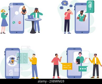 Hilfe zentrieren von Szenen. Helpdesk-Plattform, Online-Kundencenter. Menschen, die sich mit Hotline über Smartphone-App verbinden, Chatbot-Splendid-Vektorset Stock Vektor