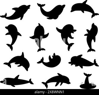 Isolierte Silhouetten von schwarzen Delfinen. Schwimmen und Spielen mit Delfinen. Unterwasser-Tiere-Aufkleber, Flachmeer-Meereszeichen klassisches Vektor-Clipart Stock Vektor
