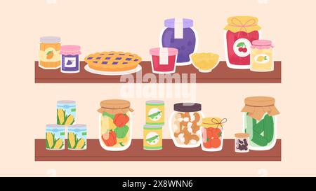 Marmeladengläser und Gemüsekonserven in Regalen. Süßer Kuchen mit Obst- oder Beerenmarmelade. Gurken, Paprika, Tomaten, Oliven und Pilze, Vektor Stock Vektor