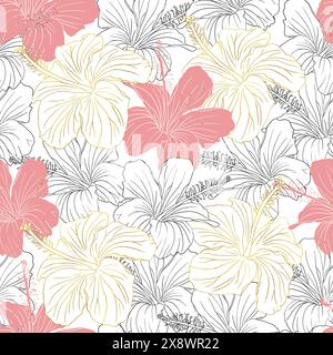 Nahtloses Hibiskus-Blumenmuster für Textildesign, Scrapbook, Tapete. Line Art rosa und goldene handgezeichnete tropische Blumen Hintergrund. Stock Vektor