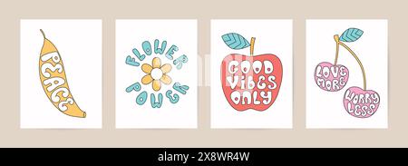 Poster, Karten im Hippie-Stil der 60er 70er Jahre. Groovige Früchte, Schriftzug im trendigen, niedlichen Retro-Stil. Stock Vektor