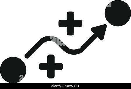 Vereinfachtes Schwarzweiß-Symbol, das ein Liniendiagramm mit Aufwärtstrends und Pluszeichen darstellt, die ein positives Wachstum symbolisieren Stock Vektor