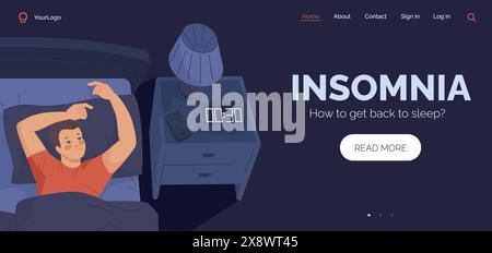 Schlaflosigkeit-Landing-Page. Wach Mann schlaflose Nacht auf Bett im dunklen Schlafzimmer Hintergrund, schlechter Schlaf Depression Konzept Cartoon Charakter denken Web Site Layout Vektor Illustration Stock Vektor
