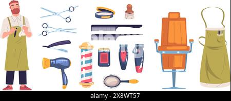 Cartoon-Barbershop-Accessoires. Friseur Berufsausrüstung flache Ikonen, Friseur professionelle Instrument Haarpflege Werkzeuge Schere Schürze Kamm Haartrockner klassische Vektor Illustration Stock Vektor