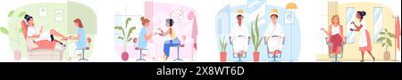 Gäste des Kosmetiksalon. Friseur Schönheitssalon weiblicher Service, Frau Nagelmaniküre Pediküre Verfahren, Friseur schneiden Client Haarschnitt, klassische Vektor-Illustration des Friseur Kosmetikers Stock Vektor