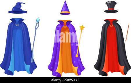 Zaubermantel. Karnevalskostüme Kleidung, Zaubermantel Zauberer Mantel Kragen Zauberer mysteriöse Mantel Geheimnis Geist halloween Maskerade Zirkus cape Vektor Illustration von Karneval Zaubermantel Stock Vektor