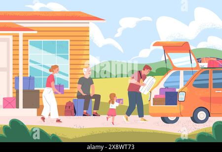 Familie, die ein Auto zum Bewegen lädt. Umzug neues Haus Konzept, Leute laden Haus Habseligkeiten Box Pakete in Auto-Kofferraum, Bewegung eine andere Stadt oder Wohnung, klassische Vektor-Illustration der Umzug Familie Stock Vektor