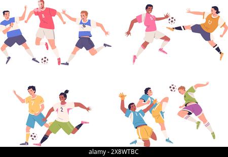 Fußballspieler kämpfen. Professionelle Fußballspieler-Action, Sportspiel-Match-Tor oder Dribbling-Spielmomente, Fußballteam-Gruppe Kickball-Bewegung klassische Vektor-Illustration Stock Vektor