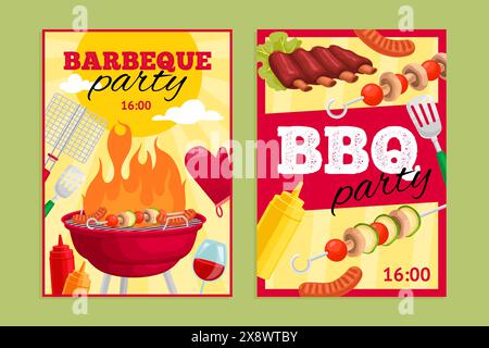 Barbecue-Plakate in Zeichentrickfilmen. BBQ Einladung Poster, Strand Grill Party Event Flyer Sommer kochen Garten Picknick Hinterhof Kebab Huhn Mittagessen Einladung Banner geniale Vektor Illustration Stock Vektor