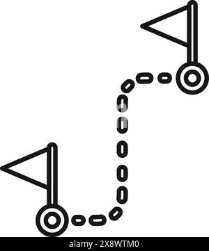Schwarz-weiße Liniengrafik einer stilisierten Kartenroute mit zwei Flaggen, die Start- und Zielpunkte anzeigen Stock Vektor