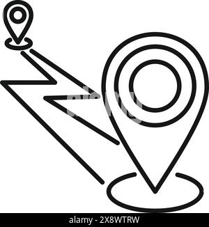 Schwarzweiß-Abbildung von zwei Karten-Pins, die durch einen Pfad verbunden sind und die Routenplanung symbolisieren Stock Vektor