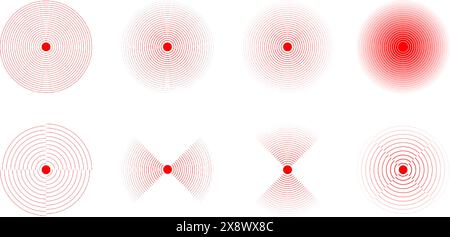Symbole zur Lokalisierung von Schmerzen. Set aus roten konzentrischen Kreisen. Zeichen für Schmerzen oder Entzündungen. Puls-, Stoß- oder Vibrationszeichen. Abdeckung oder Beschädigung, Funkgerät- oder Echolotsignalpiktogramme. Vektorabbildung. Stock Vektor