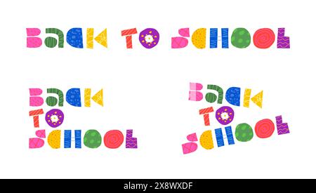 Back to School abstraktes Retro-Set mit minimalen kindlichen Inschriften. Bauhaus geometrische Hand gezeichnete Brutalismus Doodle Freeforms Logo. Farbenfrohe Grafik für das Bildungsangebot im September. Trendiger funky grooviger y2k-Text Stock Vektor