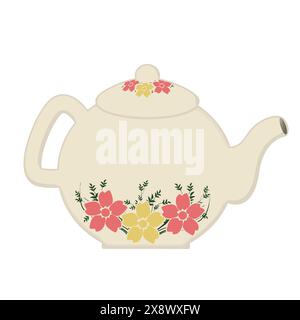 Vintage-Teekessel. Rustikale Teekanne mit Blumen auf einem weißen Hintergrund, Vektorillustration Stock Vektor