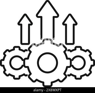 Eine stilisierte Grafik, die drei in Bewegung befindlichen Zahnräder mit nach oben gerichteten Pfeilen zeigt, die das Wachstum darstellen Stock Vektor