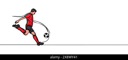 Durchgehende Linienzeichnung. Die Abbildung zeigt einen Fußballspieler, der den Ball tritt. Fußball. Vektorabbildung. Stock Vektor