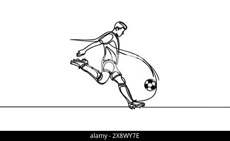 Durchgehende Linienzeichnung. Die Abbildung zeigt einen Fußballspieler, der den Ball tritt. Fußball. Vektorabbildung. Stock Vektor