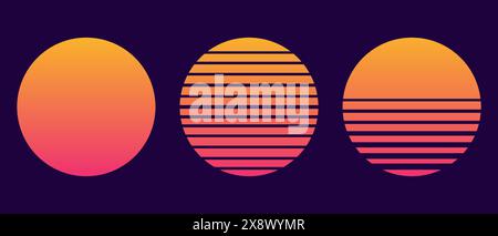 Retro-Sonnenuntergang über dem Meer oder Meer mit Sonne und Wasser Silhouette. Sommerlogo im Vintage-Stil oder Icon-Design auf weißem Hintergrund Stock Vektor