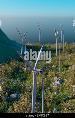 Windpark mit Windturbinen bei Sonnenuntergang, dreidimensionales Rendering Stockfoto