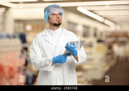 Lebensmittelqualitätskontrollspezialist untersucht Produkte im Supermarkt Stockfoto