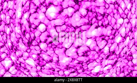 Bewegliche kochende 3D-Flüssigkeit. Bewegung. Bewegliche kochende Formationen auf der Oberfläche der farbigen Flüssigkeit. Helle Plasmaflüssigkeit bewegt sich wie Lava Stockfoto