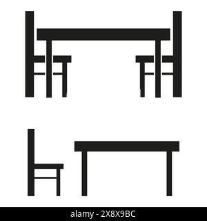 Esstisch und Stühle Vektorsilhouette. Möbelset Vektor-Symbol. Einfaches Symbol für die Inneneinrichtung. Stock Vektor