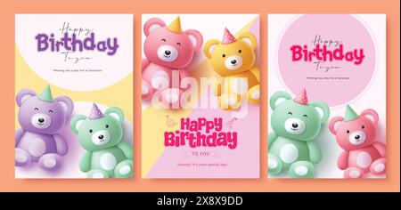 Alles Gute zum Geburtstag Grußkarte Vektor Poster Set Design. Geburtstagsgrußtext mit Teddybären-Spielzeug Überraschungselemente für Kinder Einladungskarte Stock Vektor