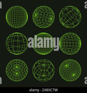 Drahtmodellformen, gefütterte Kugel. Perspektivisches Netz, 3D-Raster. Geometrische Elemente mit niedrigem Poly. Futuristische Retro-Designelemente, y2k, Vaporwave und Synthwave Stock Vektor