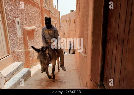 Ein Mann, der auf einem Esel in der engen Straße von Ghardaia reitet. Ghardaia ist eine der 5 Ksar (befestigte Siedlungen) im Mzab-Tal. Provinz Ghardaia. Nord-Sahara. Algerien Stockfoto