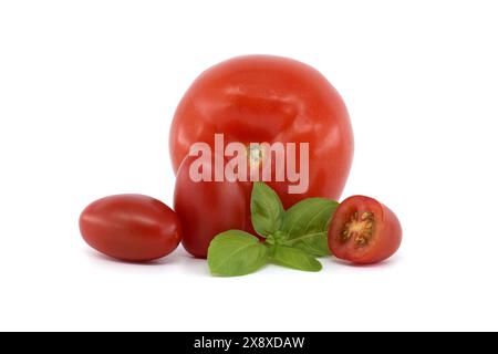 Rote Tomate isoliert auf weißem Hintergrund mit einem grünen Blatt oben. Eine Tomate wird halbiert und offenbart ihr saftiges rotes Fleisch. Frischebegriff und Stockfoto
