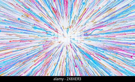 Langsam durch den Raum fliegen und in den Hyperraum eindringen. Bewegung. Bunte Lichtgeschwindigkeit auf weißem Hintergrund. Stockfoto