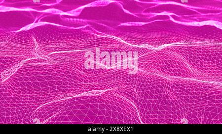 Futuristisches 3D-Plexus, helles, wellenförmiges Gelände. Animation. Abstrakter Technologiehintergrund mit Netzwerkverbindungsstruktur. Stockfoto