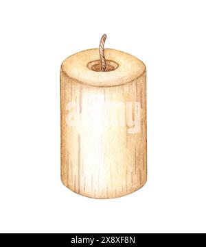 Rustikale zylindrische Kerze mit kurzer Docht Aquarellillustration. Vom Hintergrund isoliert. Die Kerze hat einen warmen, natürlichen Ton und ist perfekt für Stockfoto
