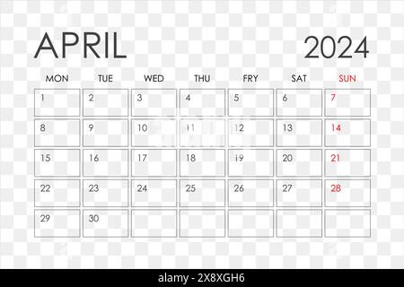 Kalender für April 2024. Die Woche beginnt am Sonntag. Stock Vektor