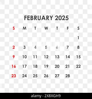 Kalender für Februar 2025. Die Woche beginnt am Sonntag. Stock Vektor