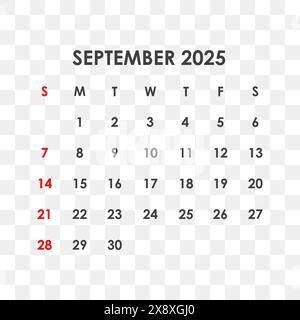 Kalender für September 2025. Die Woche beginnt am Sonntag. Stock Vektor