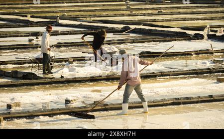 Ein Salzbauern erntet Salz unter der heißen Sommersonne. Dorfbewohner, die auf Salzfarmen in Vietnam arbeiten. Hart arbeitende Männer. Mai 8,2024 Stockfoto