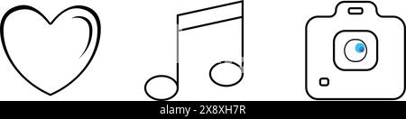 Set aus einfachen sozialen Medien – Herzmusik-Kamera. Stock Vektor