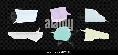 Grunge-Aufkleber mit Sprechblase mit Linien- und Zellstruktur. Realistische Vektor-Illustration Set von gerissenen und geschnittenen Papierbögen in Form von Denk and Speak Wolke. Leeres Vintage-Textetikett und Rahmen für Nachricht. Stock Vektor