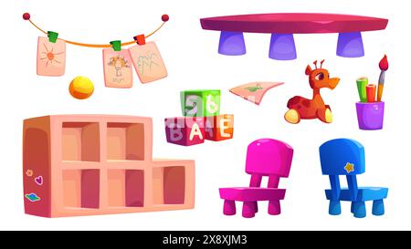 Kindergarteneinrichtungselemente für die Gestaltung des Klassenzimmers. Zeichentrickvektor Illustration Set Kindergartenmöbel und Kinderspielzeug - Tisch und Stühle, Schrank und Kinderzeichnungen, Spielzeug und Schreibwaren Stock Vektor