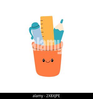 Schulbedarf in Halter-Vektor-Illustration. Niedliche Lernfiguren. Büromaterial-Elemente. Schreibtisch-Organizer im lustigen Doodle-Stil. Stock Vektor